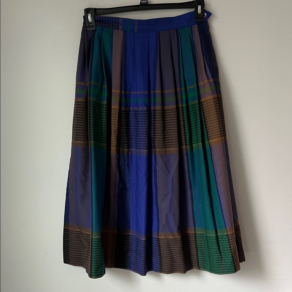 Lands End Plaid Pleated Midi Skirt Sz 14 Blue Green Tartan Preppy Academia !